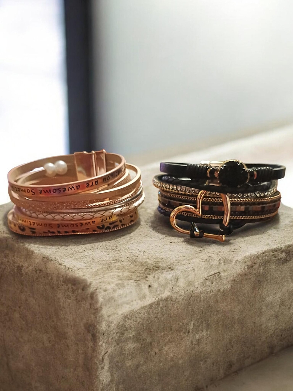 Gold and Black Layered Bracelet Set - Women Jewelry